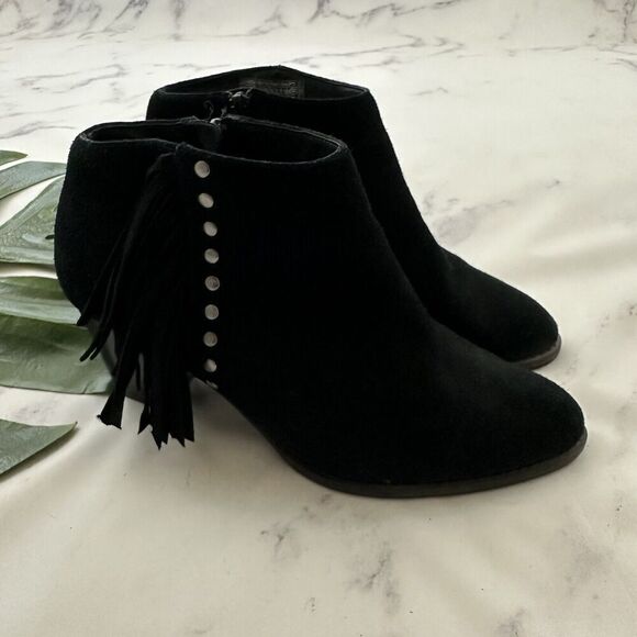 Vionic Womens Faros Ankle Boots Booties Size 9.5 Black Suede Fringe Trim Studs - Picture 1 of 10
